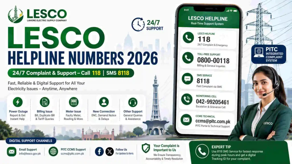 All LESCO Helpline Numbers: 24/7 Contact at 118, 0800-00118 & 8118